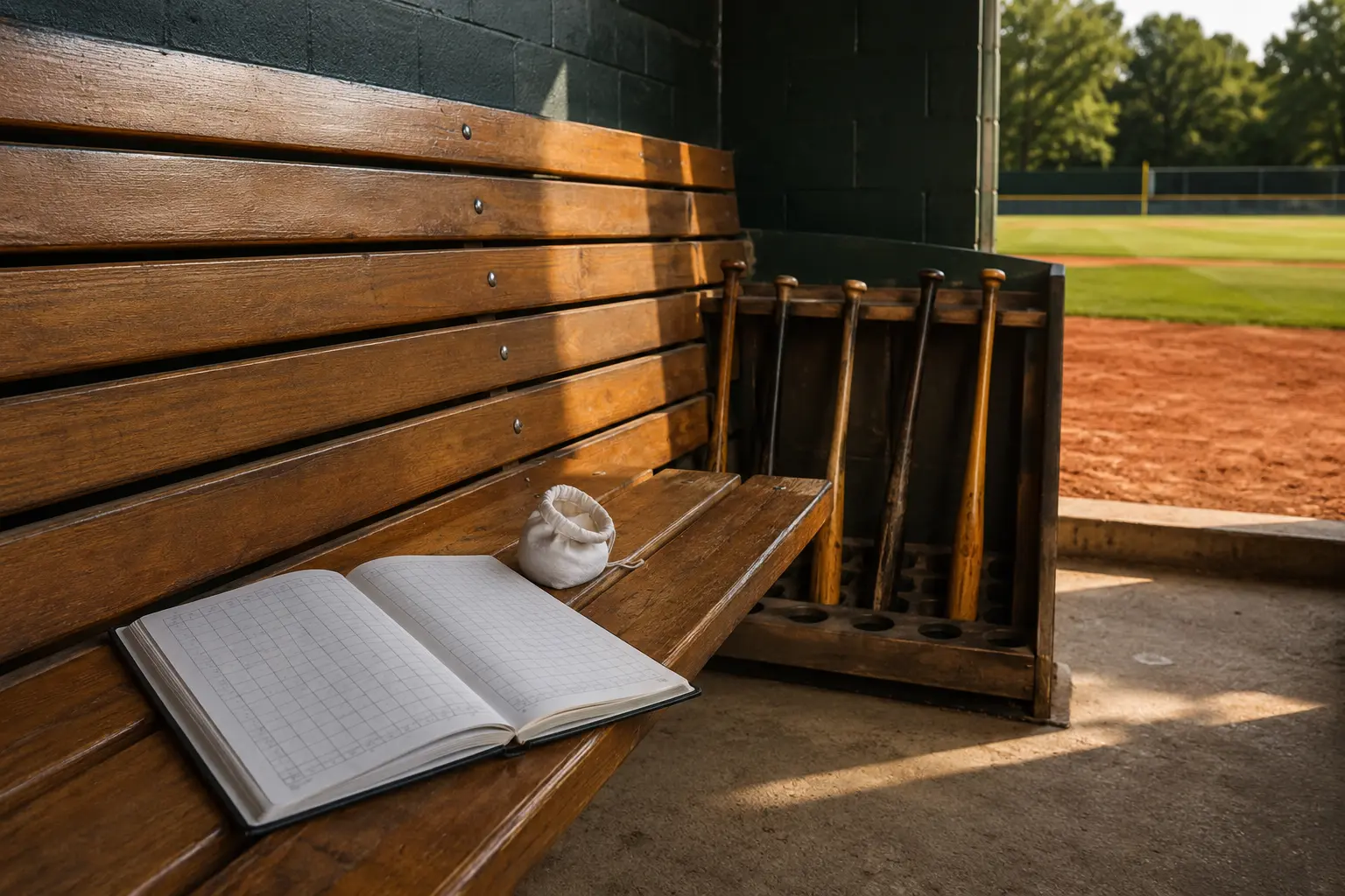Empty wooden baseball dugout with an open scorebook and bats
