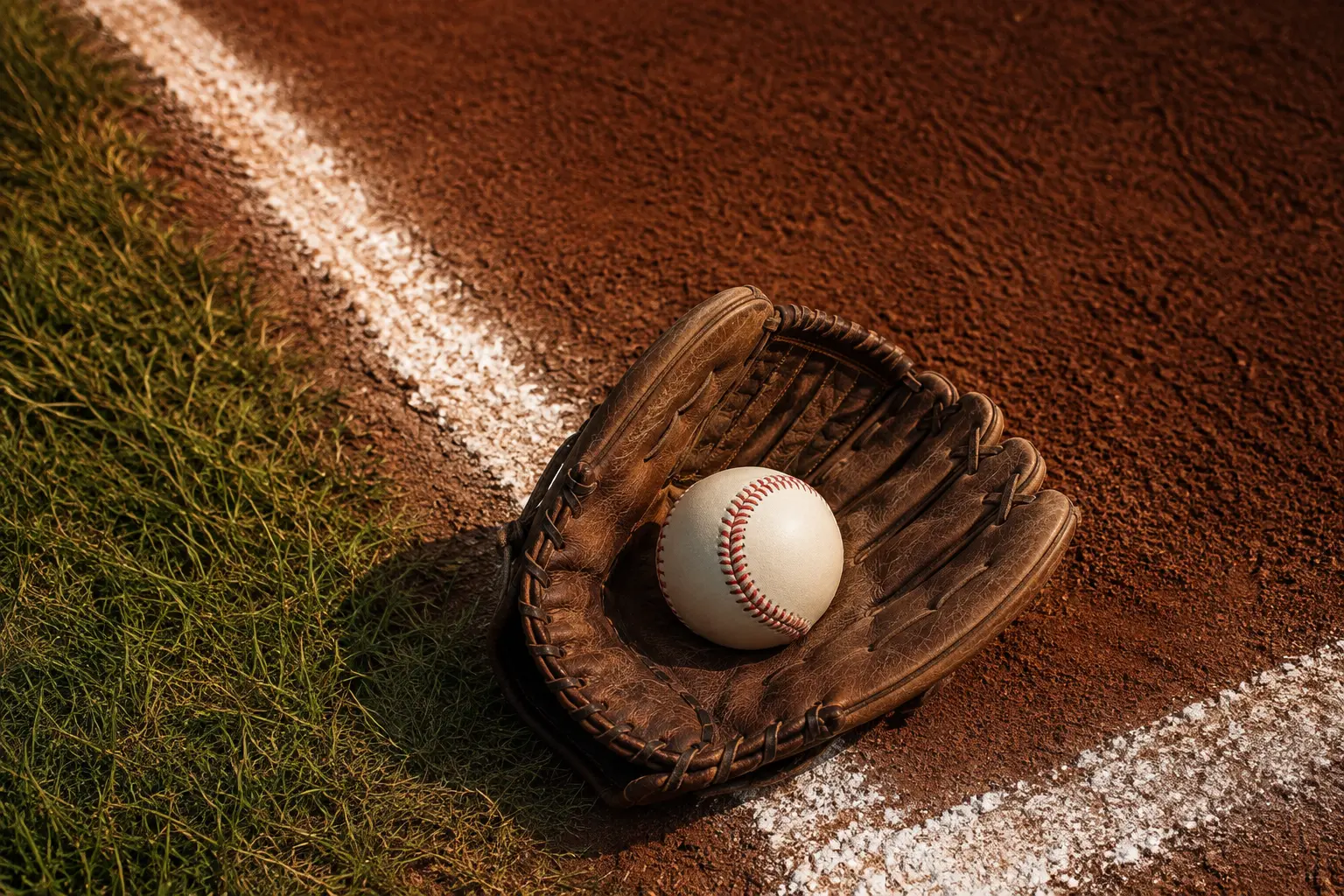 Leather baseball glove and ball resting at a chalk line