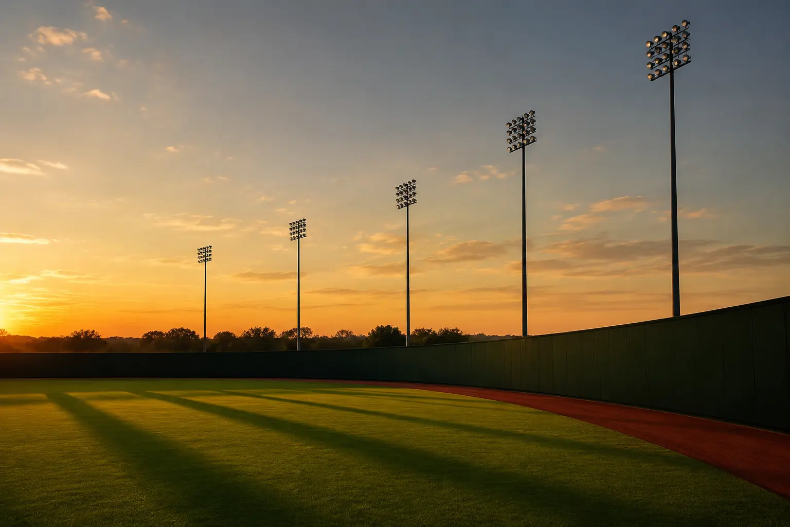 Baseball outfield and stadium light towers at sunset
